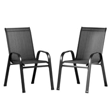 Pair of black metal outdoor chairs with mesh seats and armrests on white background