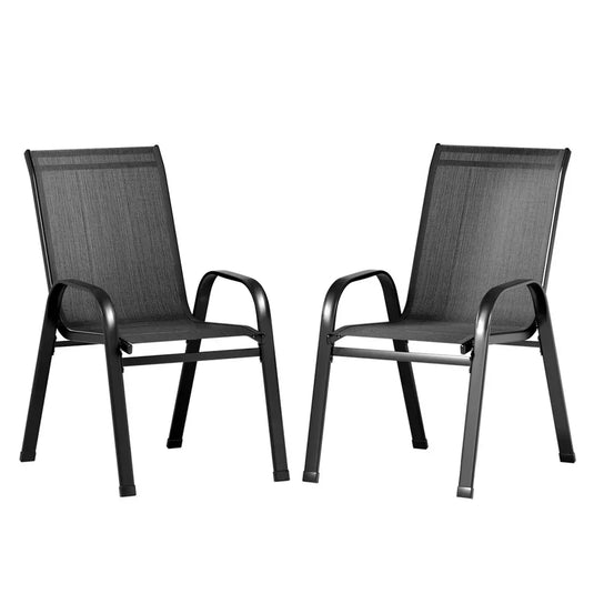 Pair of black metal outdoor chairs with mesh seats and armrests on white background