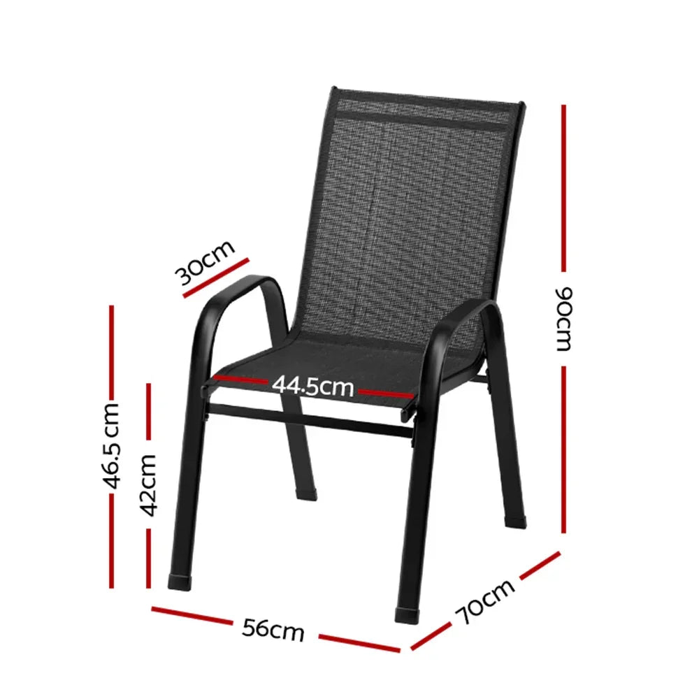 Black mesh outdoor chair with armrests, labeled measurements in centimeters.