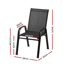 Black mesh outdoor chair with armrests, labeled measurements in centimeters.