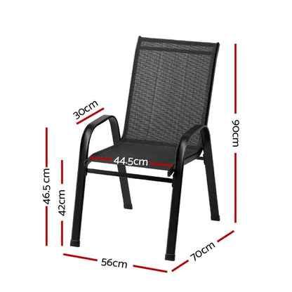 Black mesh outdoor chair with armrests, labeled measurements in centimeters.