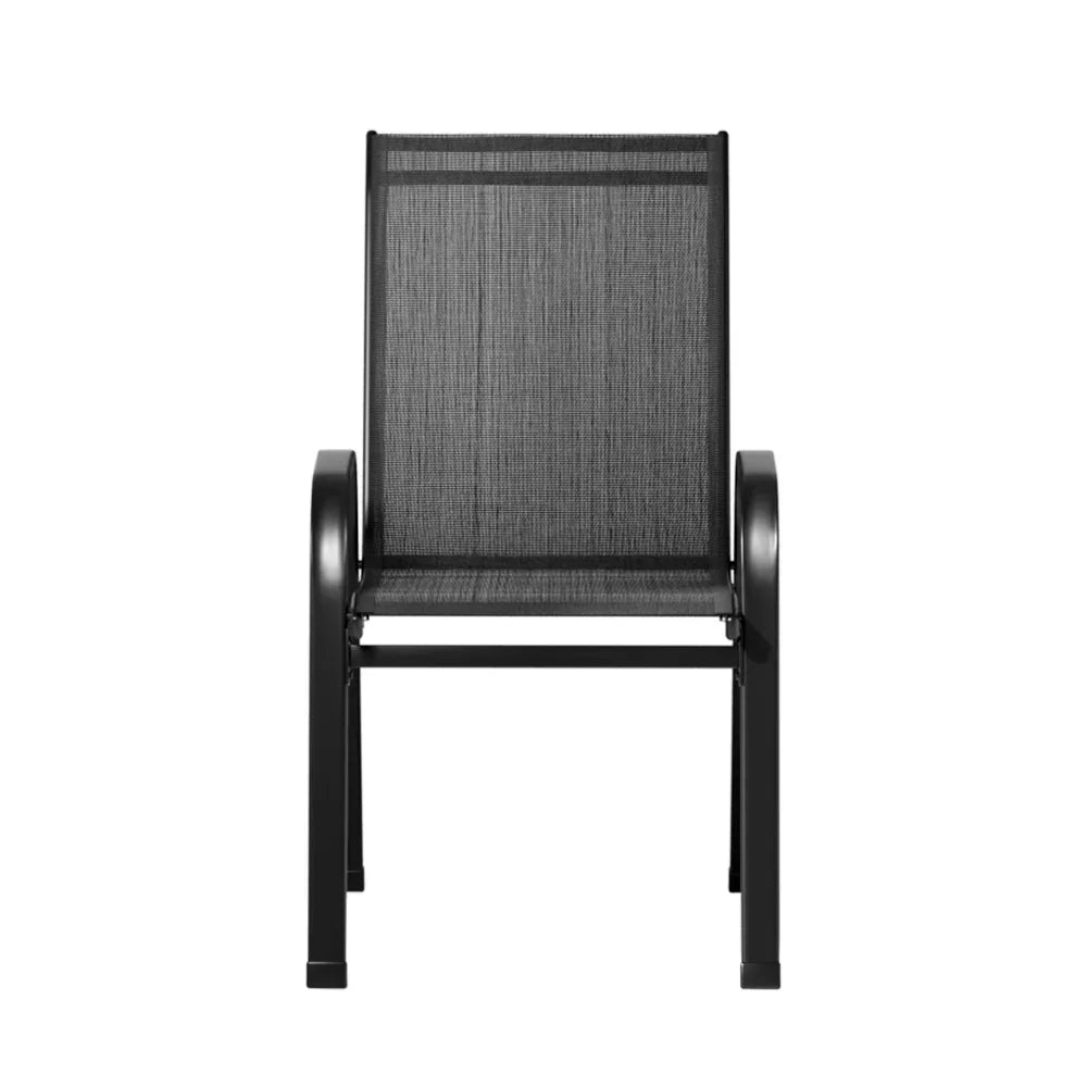 Modern black metal outdoor chair with mesh seat and backrest, front view