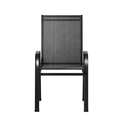 Modern black metal outdoor chair with mesh seat and backrest, front view