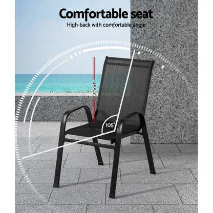 Black outdoor patio chair with high backrest, mesh seat, and armrests on a tiled terrace.