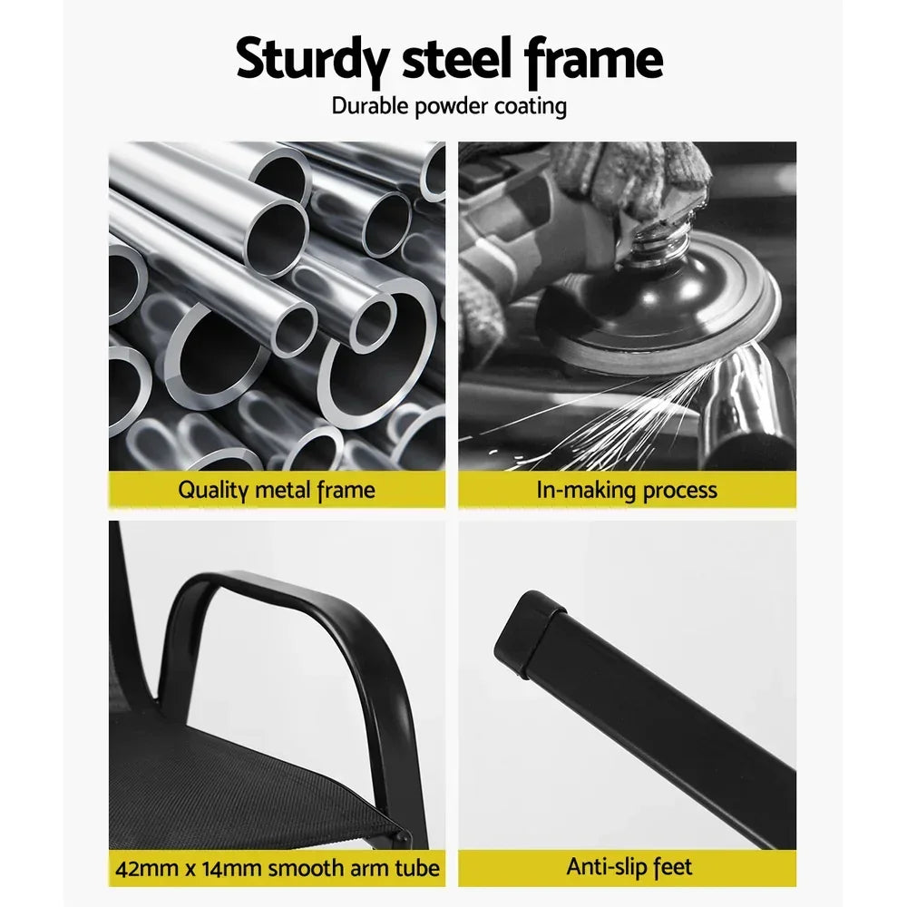 Sturdy steel chair frame with smooth arm tubes, quality metal, and anti-slip feet details