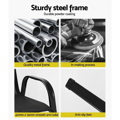 Sturdy steel chair frame with smooth arm tubes, quality metal, and anti-slip feet details