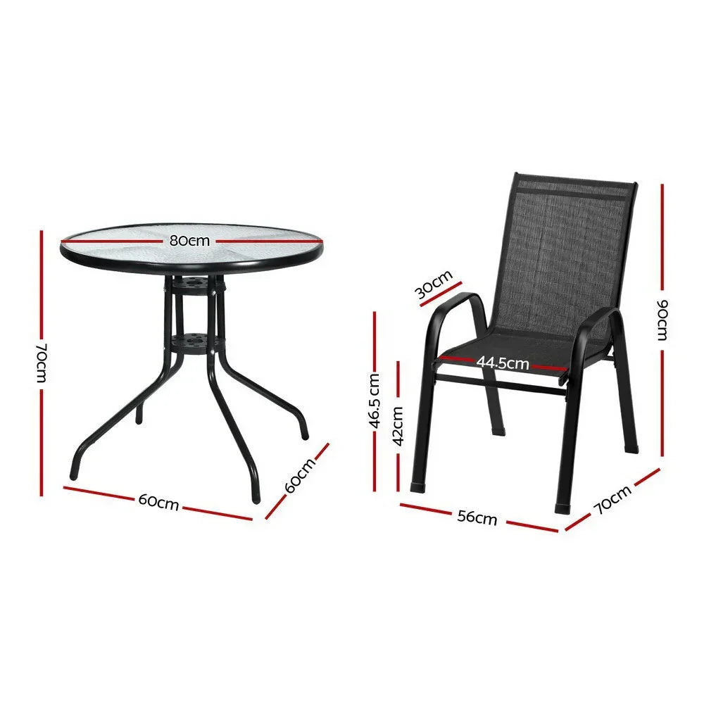 Black outdoor dining set with measurements, round glass table and mesh chair dimensions shown.