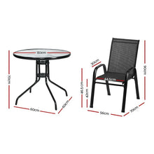 Black outdoor dining set with measurements, round glass table and mesh chair dimensions shown.