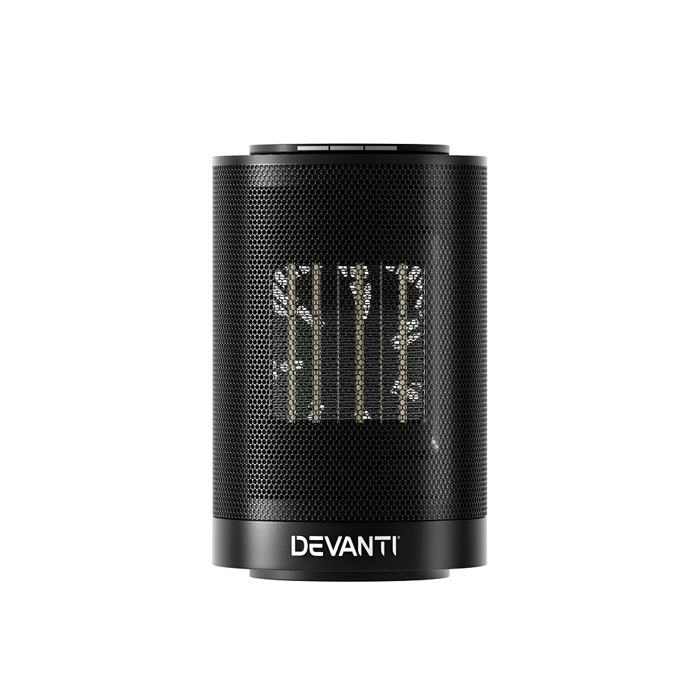 Black portable ceramic electric heater with mesh grille and Devanti logo, front view
