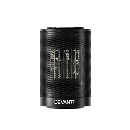 Black portable ceramic electric heater with mesh grille and Devanti logo, front view