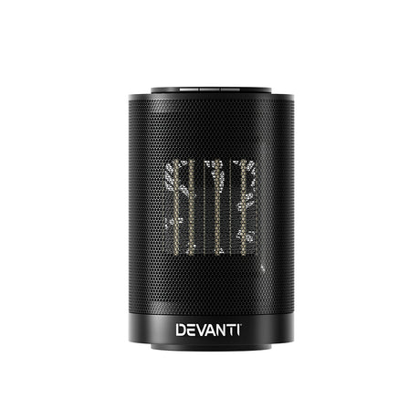 Black portable ceramic electric heater with mesh grille and Devanti logo, front view