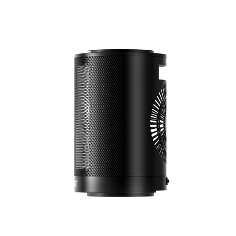 Black cylindrical air purifier with mesh grille and side vent, modern home appliance design