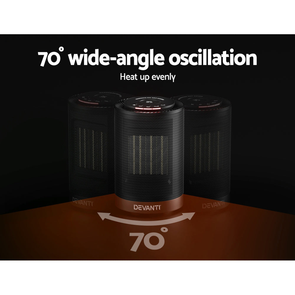 Black ceramic tower heater with 70-degree wide-angle oscillation feature on display