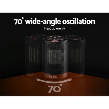 Black ceramic tower heater with 70-degree wide-angle oscillation feature on display