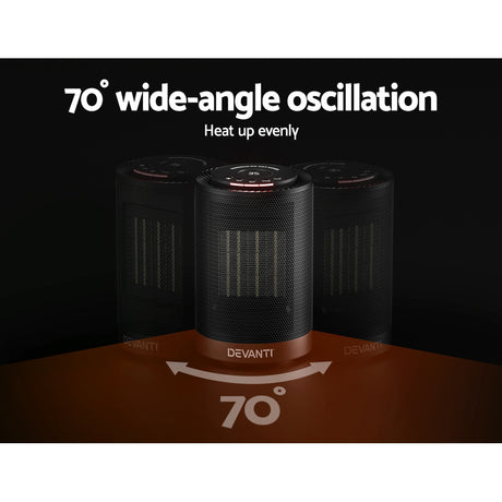 Black ceramic tower heater with 70-degree wide-angle oscillation feature on display