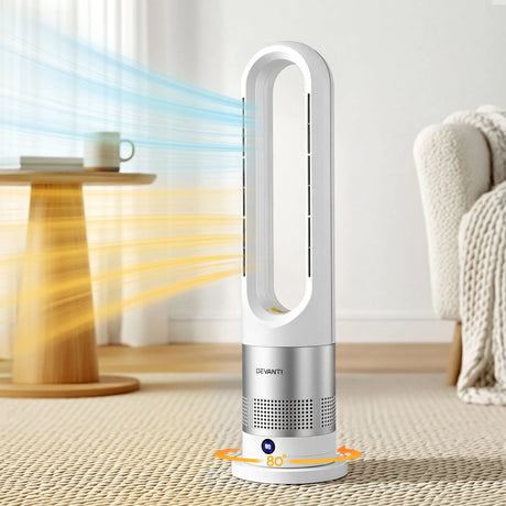 White bladeless tower fan heater with digital display, oscillating in modern living room