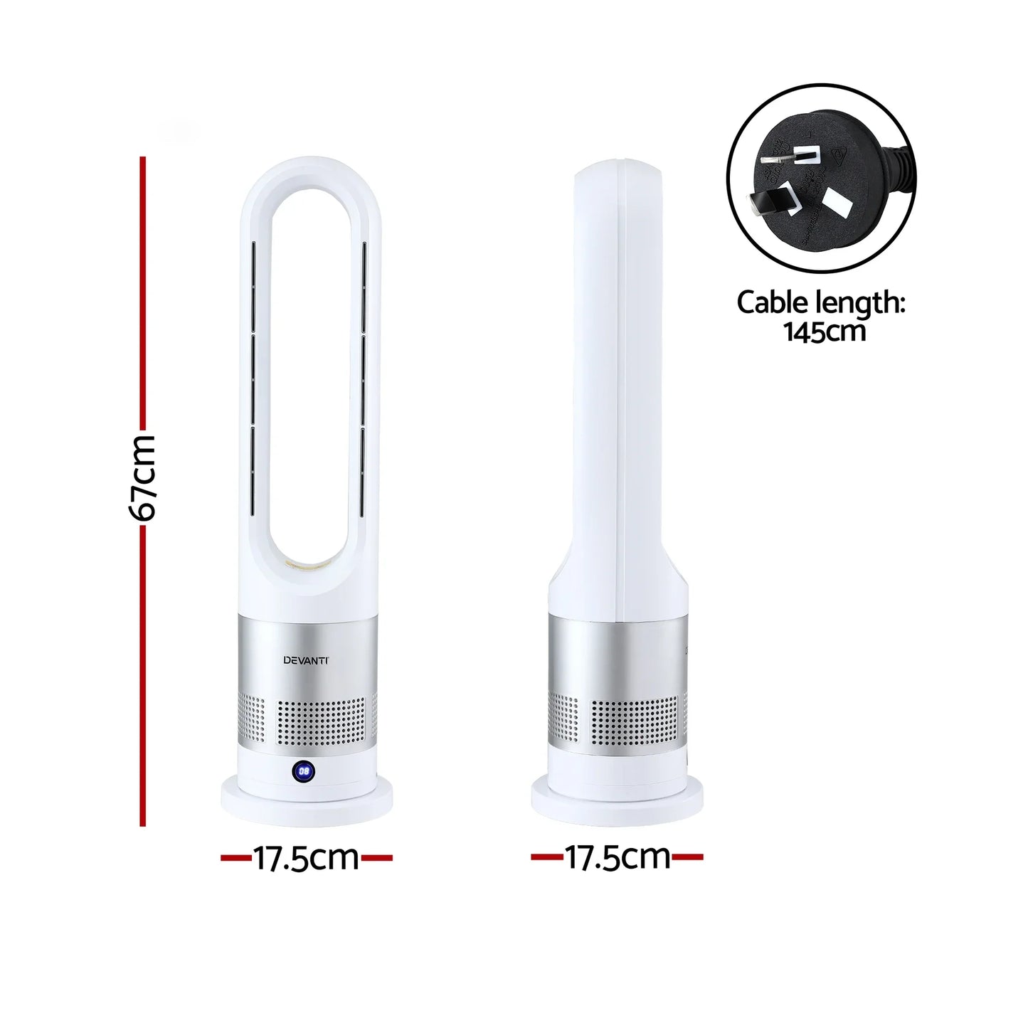 White bladeless tower fan with 67cm height, 17.5cm base, and 145cm cable, modern design.