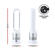 White bladeless tower fan with 67cm height, 17.5cm base, and 145cm cable, modern design.