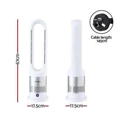 White bladeless tower fan with 67cm height, 17.5cm base, and 145cm cable, modern design.