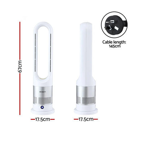 White bladeless tower fan with 67cm height, 17.5cm base, and 145cm cable, modern design.