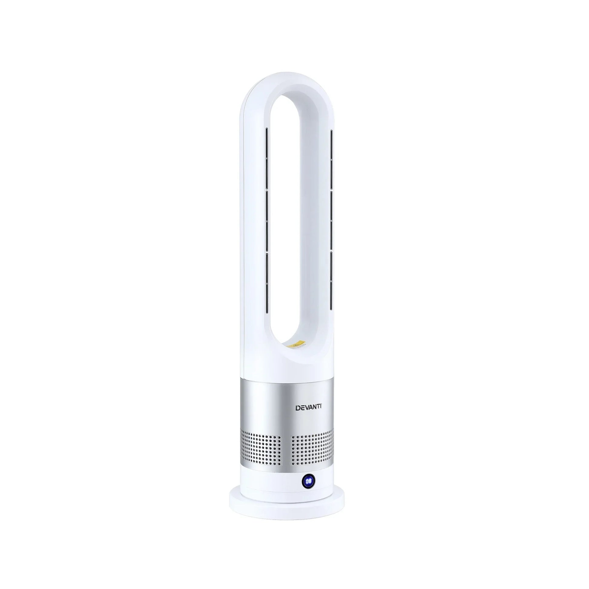 White bladeless tower fan with modern design, LED display, and silver accents
