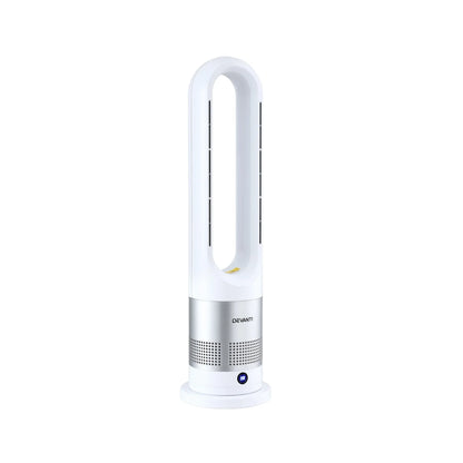 White bladeless tower fan with modern design, LED display, and silver accents