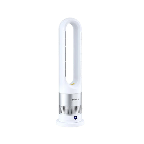 White bladeless tower fan with modern design, LED display, and silver accents