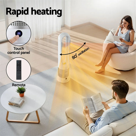 Tower heater with 80-degree oscillation, touch control panel, remote, heating living room
