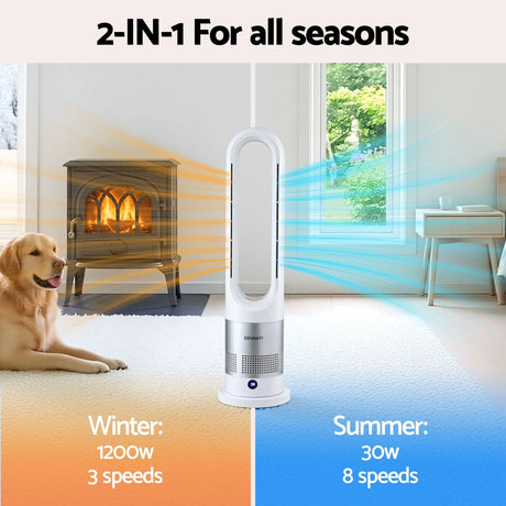 2-in-1 bladeless tower fan heater, showing winter heating and summer cooling functions