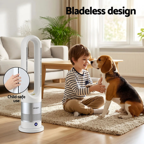 Child and dog near bladeless tower fan in bright living room, child-safe air circulation