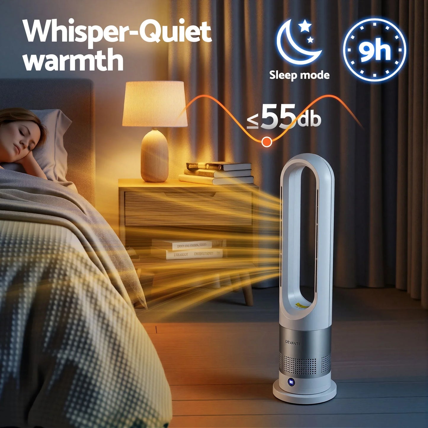 Quiet bladeless tower fan heater in a bedroom, warm airflow, sleep mode, under 55dB