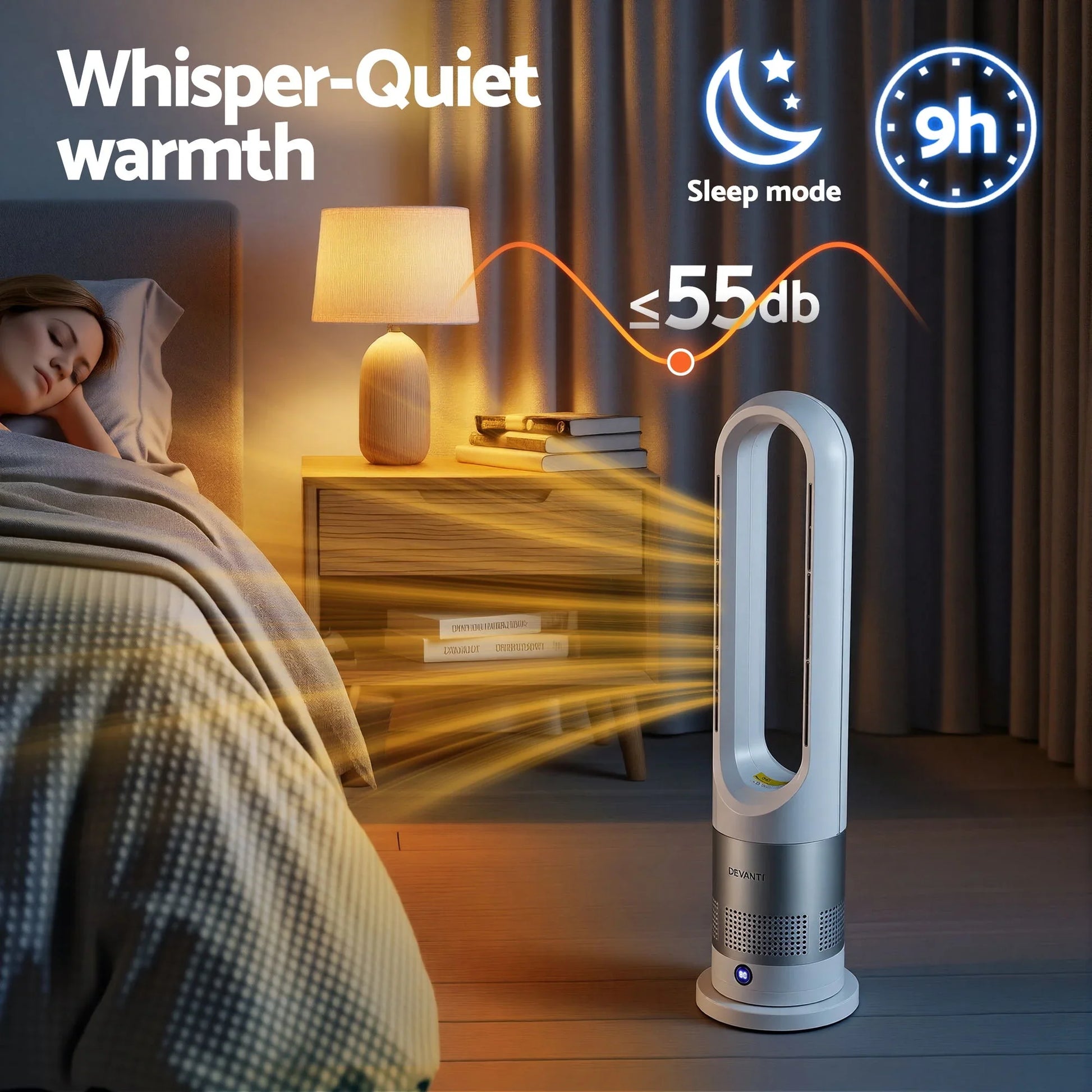 Quiet bladeless tower fan heater in a bedroom, warm airflow, sleep mode, under 55dB