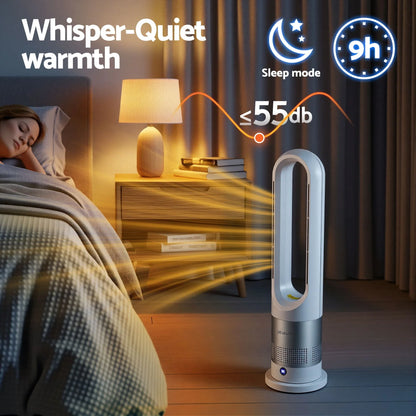Quiet bladeless tower fan heater in a bedroom, warm airflow, sleep mode, under 55dB