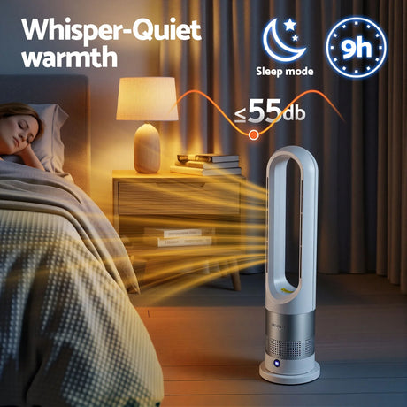 Quiet bladeless tower fan heater in a bedroom, warm airflow, sleep mode, under 55dB