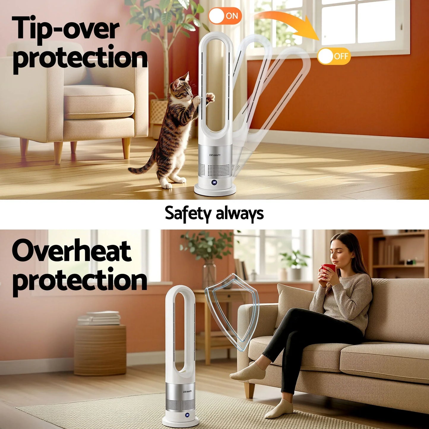 Bladeless tower fan in living room with tip-over and overheat protection features, safe for pets and children.