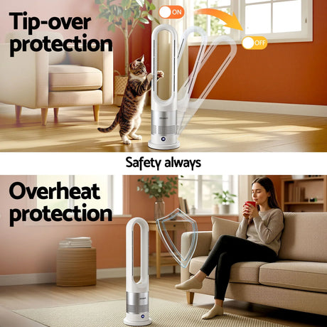 Bladeless tower fan in living room with tip-over and overheat protection features, safe for pets and children.