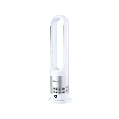 White bladeless tower fan with silver base on white background