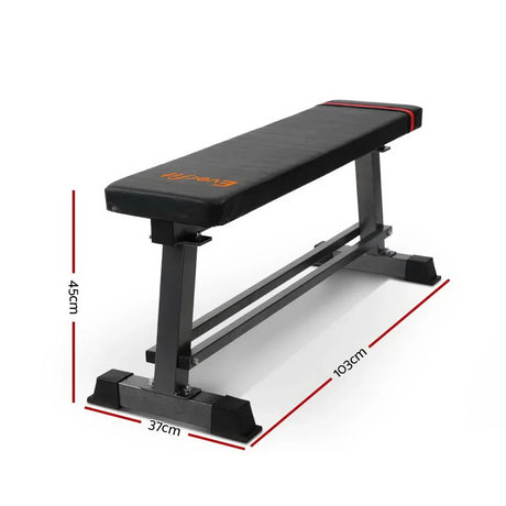 Flat weight bench with black padded seat, metal frame, and dimensions labeled 103x37x45cm