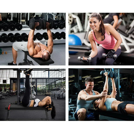 People using flat workout bench for various strength exercises in gym settings