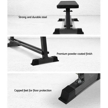 Flat weight bench with strong steel frame, powder coated finish, capped feet for floor protection