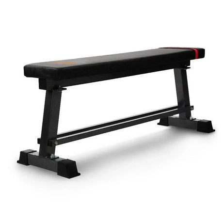 Flat weight bench with black padding and sturdy steel frame for home gym workouts