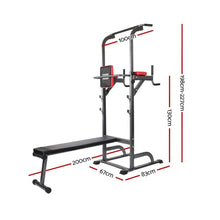 Adjustable chin up and dip bench with backrest, arm pads, and red accents, with measurements shown.