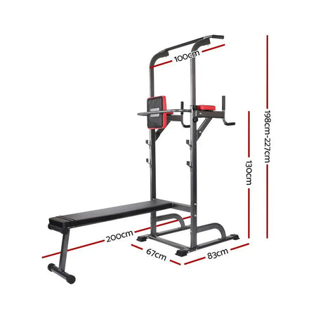 Black and red multi-functional workout bench with chin-up and dip station, fitness exercise equipment