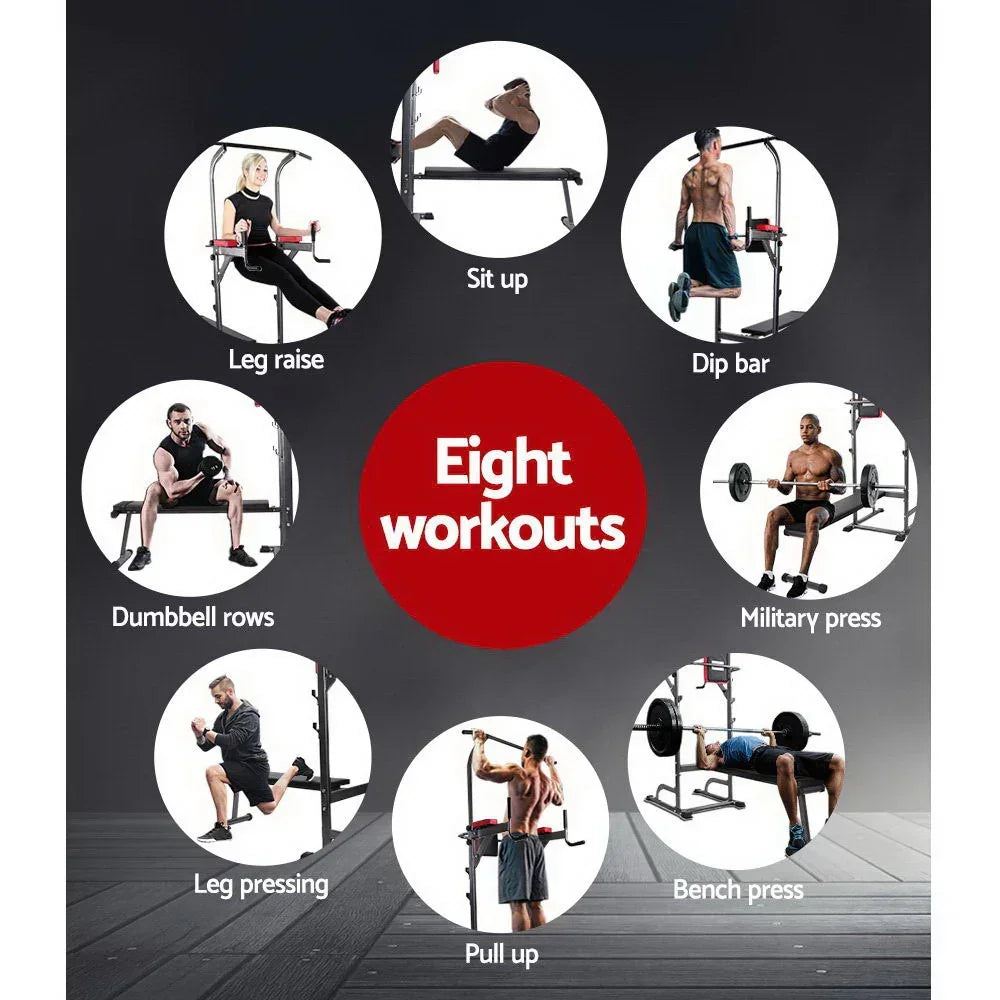 Chin up bench gym equipment with eight workout demos: leg raise, sit up, dip bar, dumbbell row, military press, leg press, pull up, bench press.
