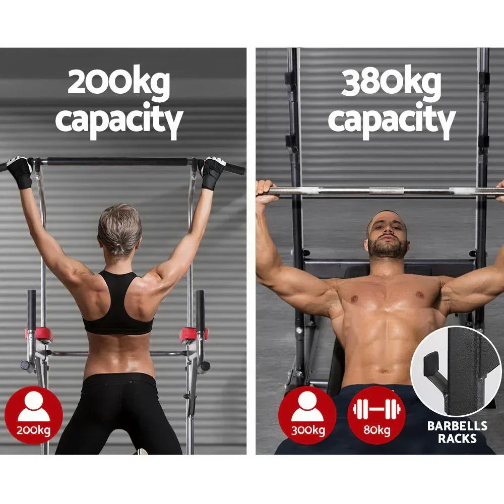 Adjustable chin up and bench press station, 200kg and 380kg weight capacity, in use