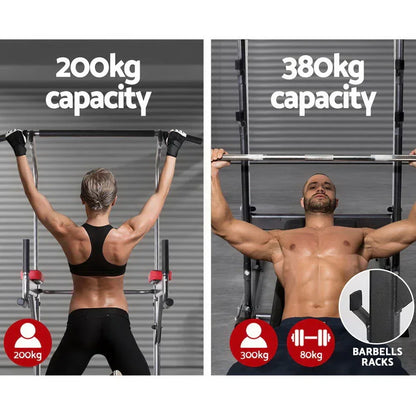 Adjustable chin up and bench press station, 200kg and 380kg weight capacity, in use