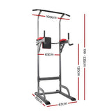 Adjustable chin-up tower power rack with padded armrests and dimensions labeled in centimeters.