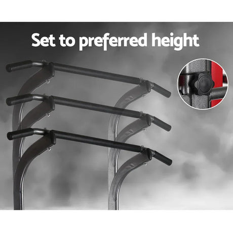 Adjustable black chin-up pull-up bar showing three height settings with knob control