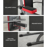Close-up of chin-up tower features, showing soft padded cushions, adjustable backrest, and rubber-capped feet.