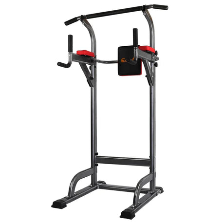 Black and gray power tower workout station with red arm pads, pull-up bar, and dip handles